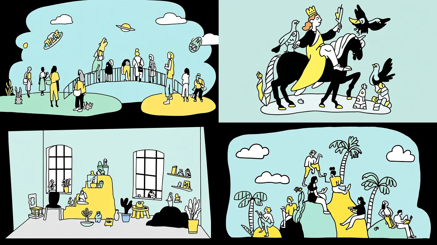Whimsical Illustrative Style with Bold Color Contrasts and Playful Characters - Midjourney sref style