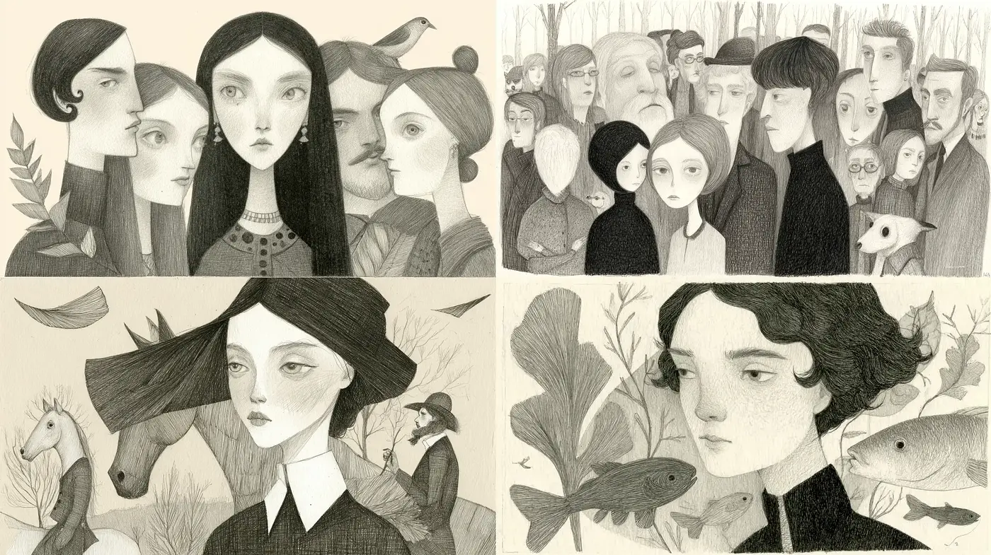 Whimsical yet somber illustrations with a consistent ethereal quality - Midjourney sref style