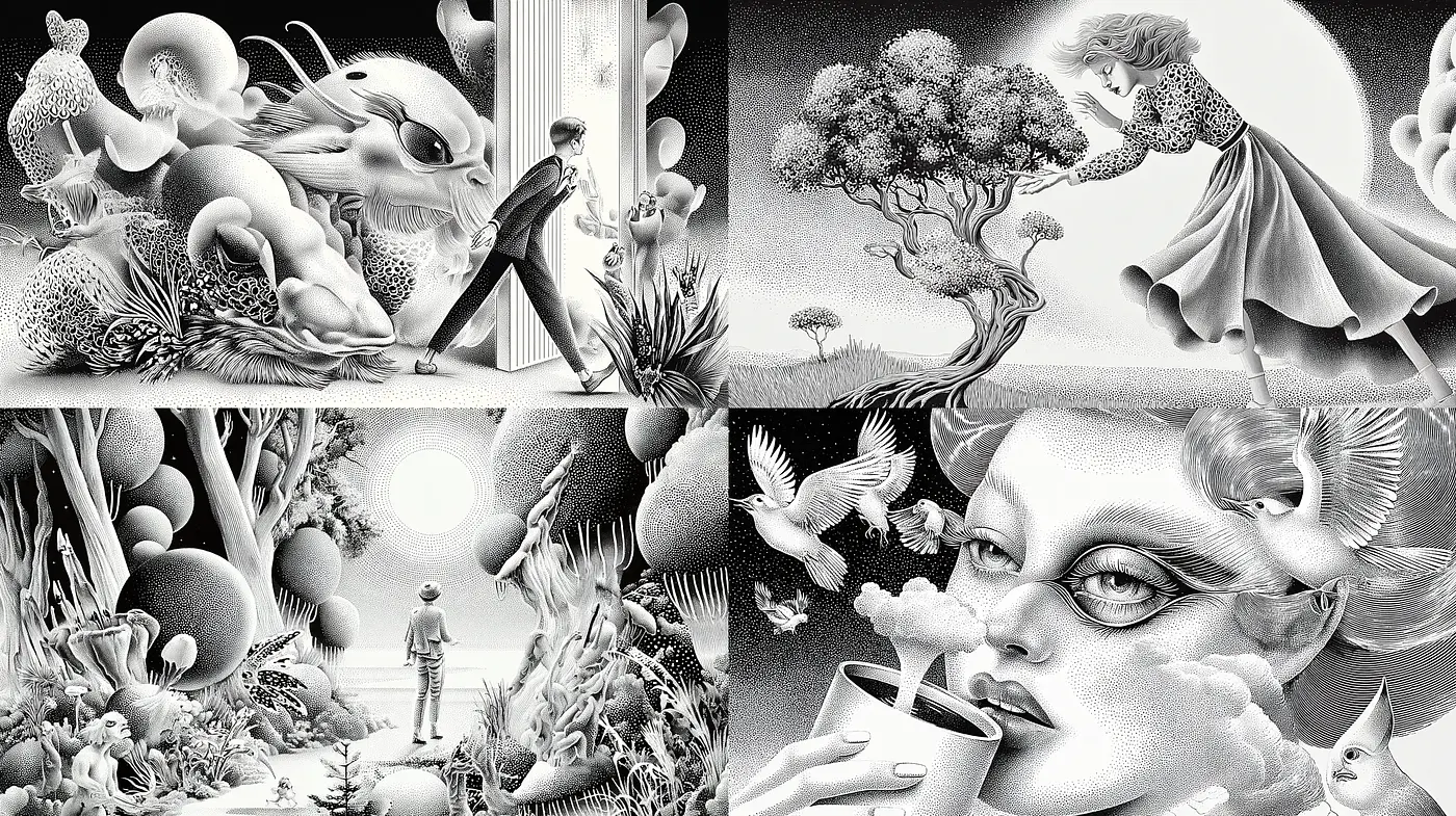 Surreal monochrome landscapes with whimsical elements - Midjourney sref style