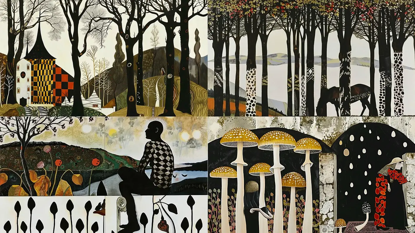 Whimsical Arboreal Narrative in Monochromatic Tones - Midjourney sref style