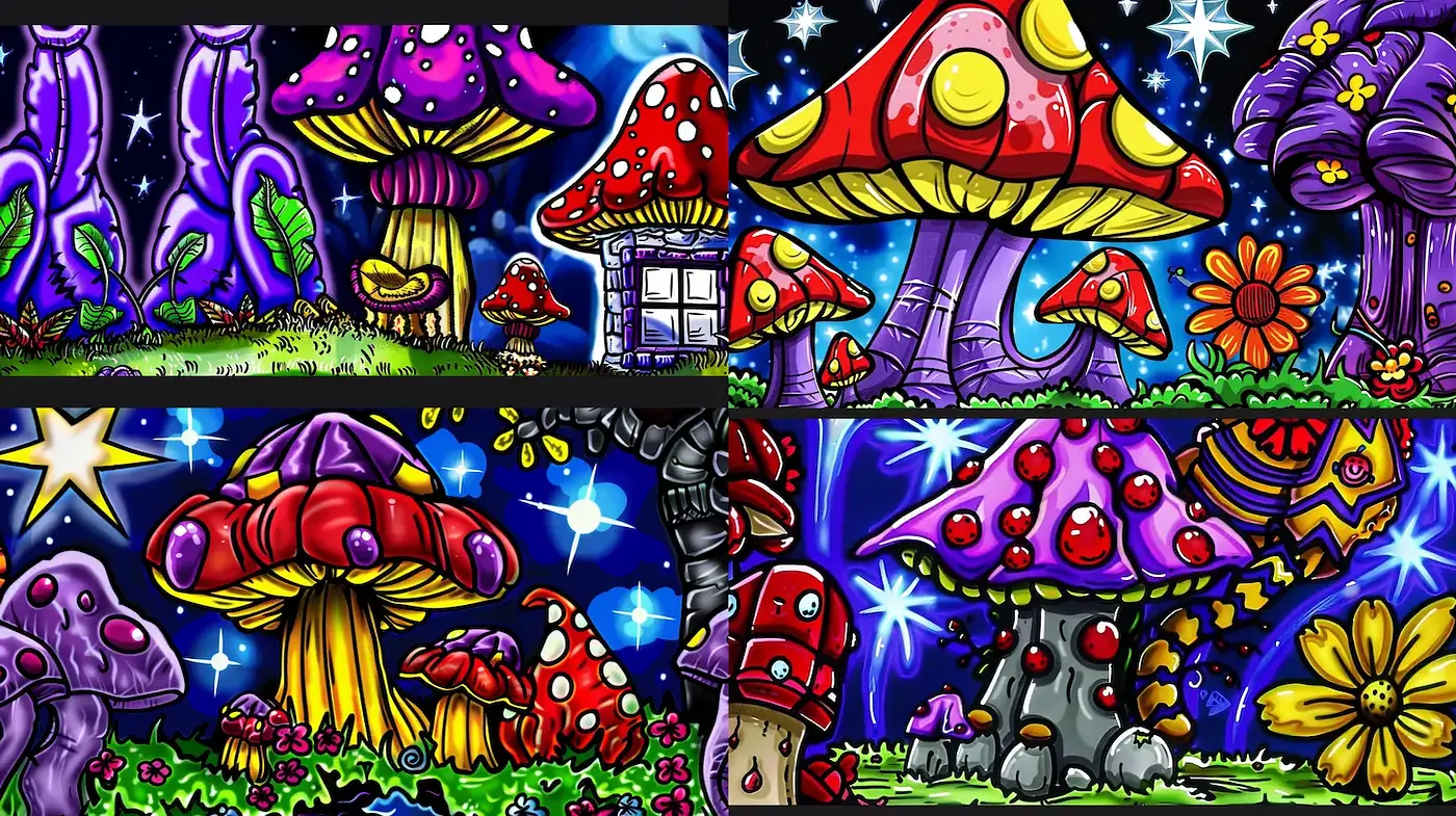 Colorful and Whimsical Mushroom Fantasy Art with a Retro Vibe - Midjourney sref style
