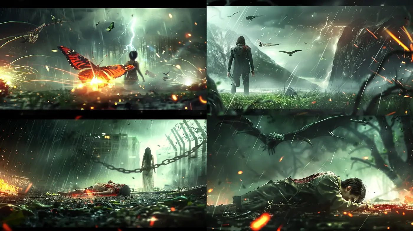 Surreal Environmental Epics: Stormy Hues Meets Cinematic Drama - Midjourney sref style