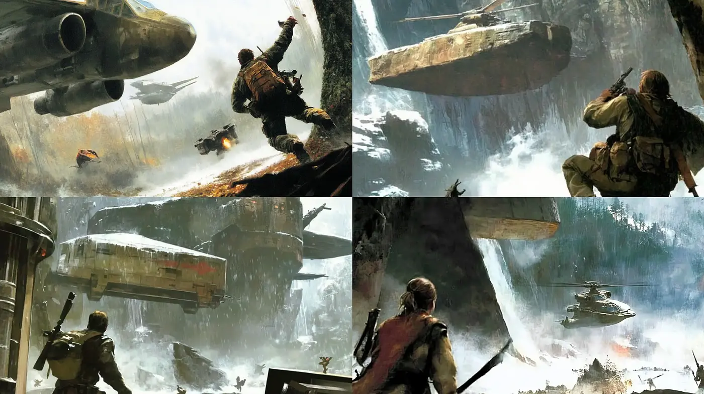 Suspended Motion in Post-Apocalyptic Tableaus - Midjourney sref style