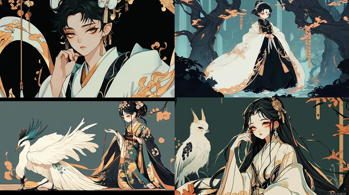 Ethereal Elegance in Ink and Gold: A Fusion of Traditional Asian Artistry and Modern Anime Aesthetics - Midjourney sref style