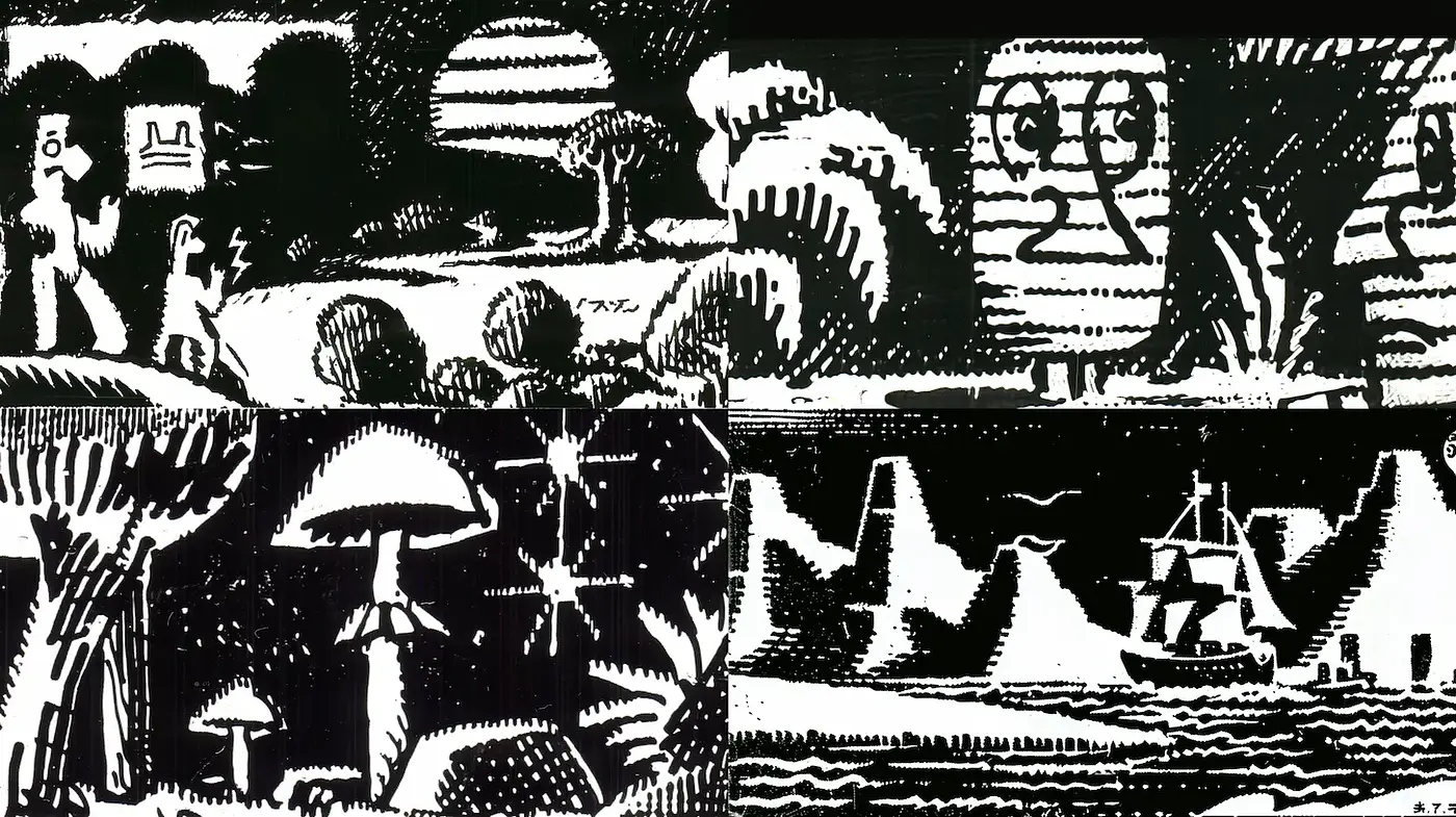 Monochromatic Whimsical Landscapes with a Touch of Surrealism - Midjourney sref style
