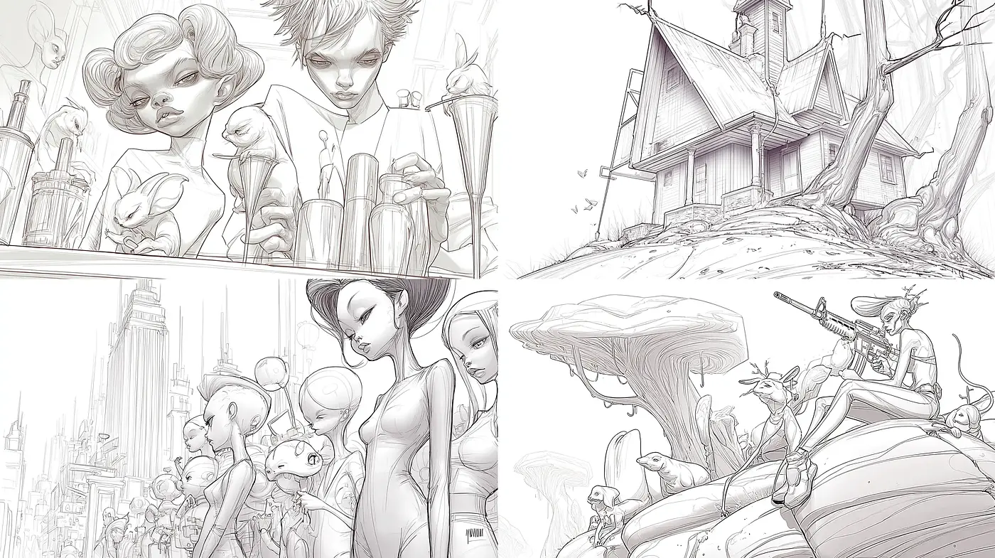 Stylized Illustrations with Whimsical and Surreal Elements - Midjourney sref style