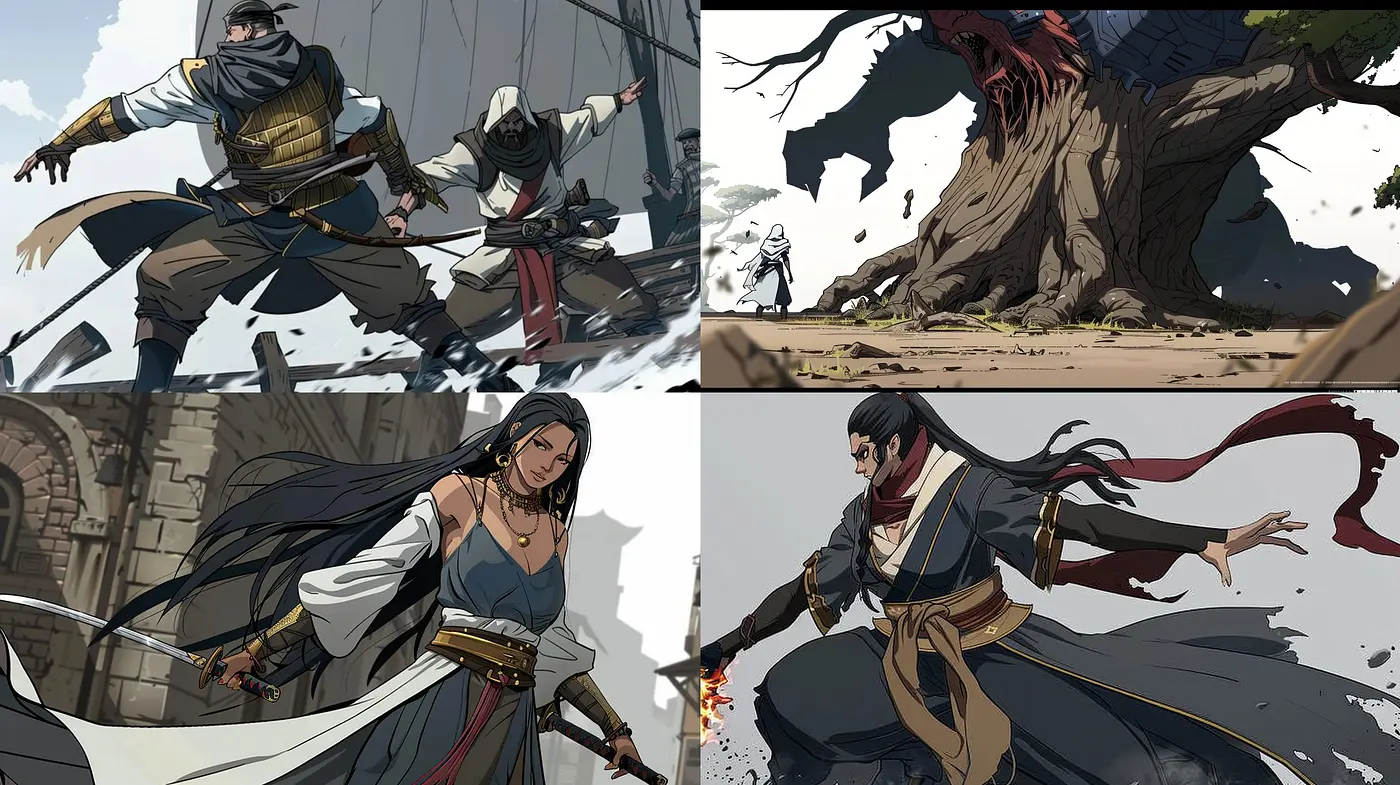 Dynamic Linework and Earth-Toned Palette in Stylized Action Illustrations - Midjourney sref style