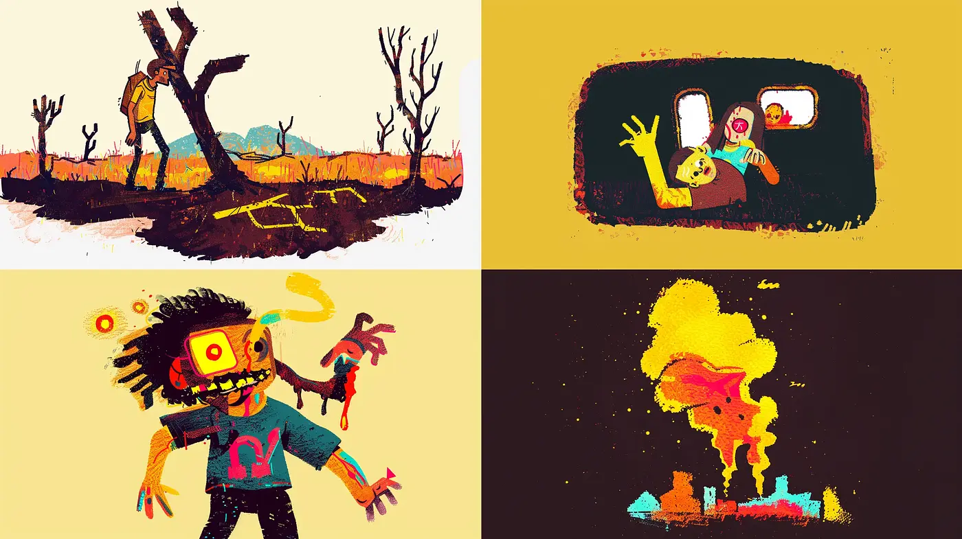 Expressive Textured Vignettes with a Retro Comic Appeal - Midjourney sref style