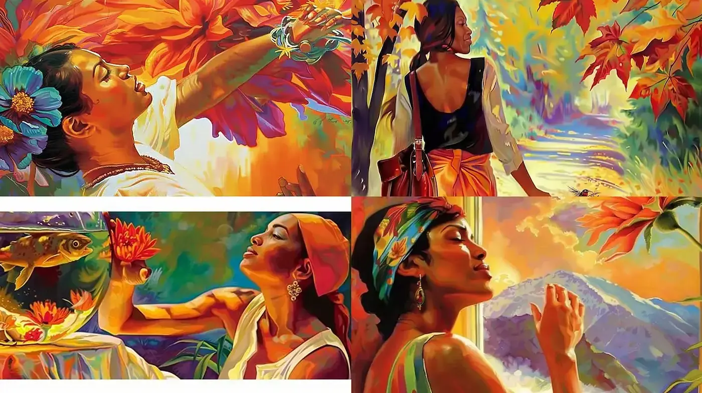 Vibrant portraits inspired by nature and cultural elements - Midjourney sref style