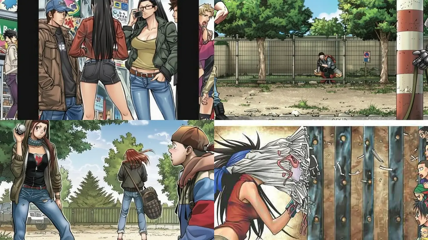 Consistent Manga-Inspired Artistic Depiction with Earthy Tones and Dynamic Composition - Midjourney sref style