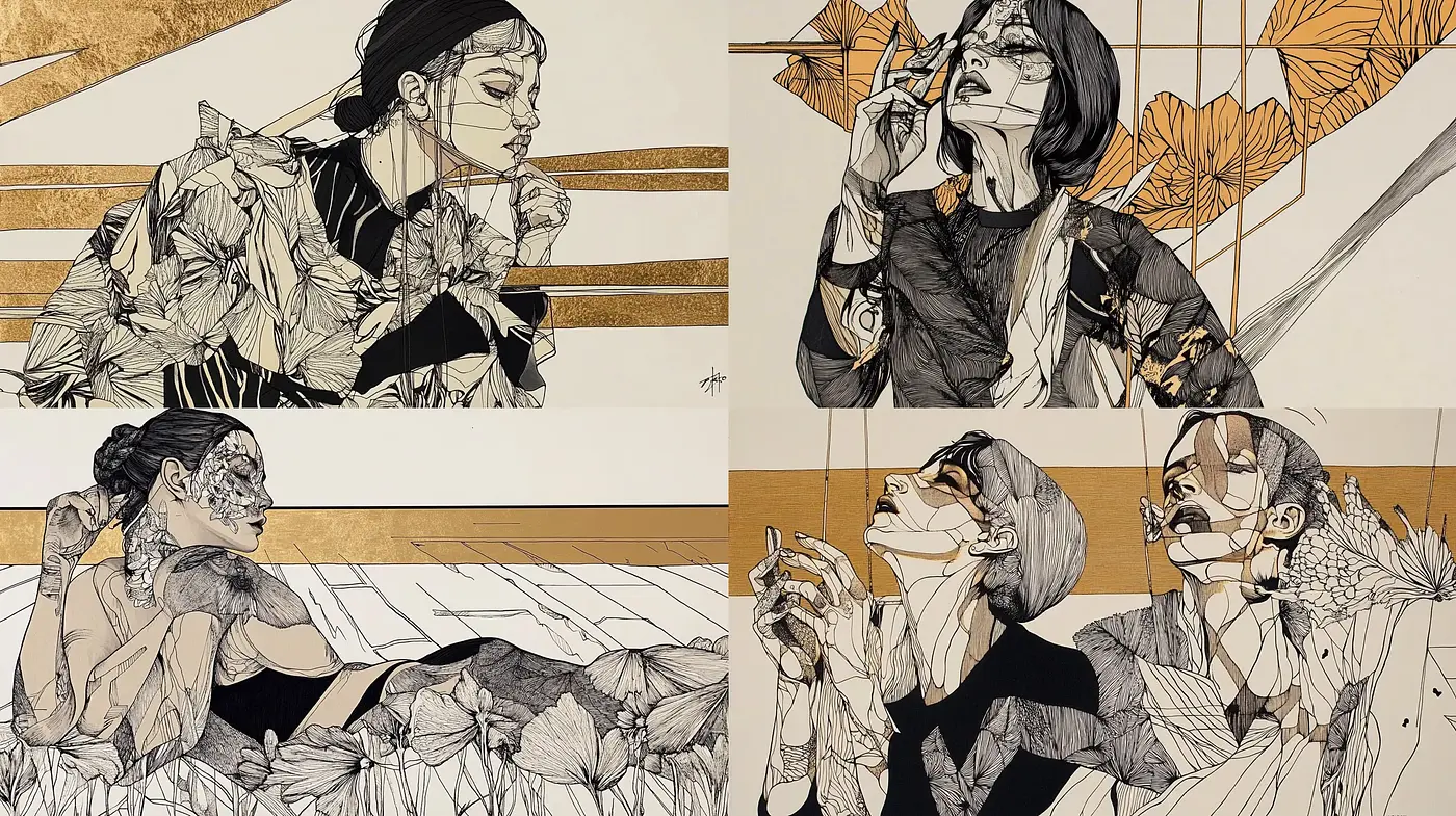 Inked Elegance: Monochromatic Harmony with Golden Accents - Midjourney sref style