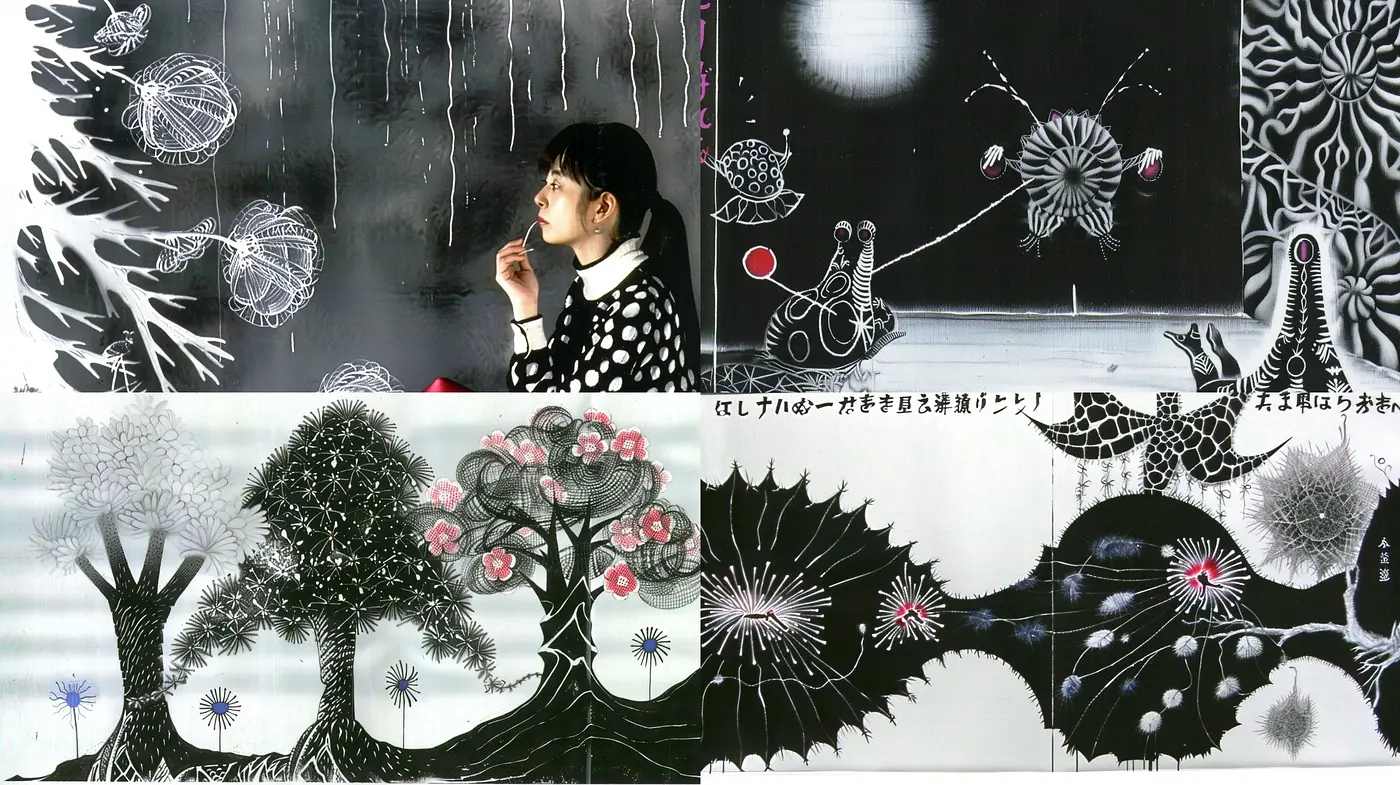 Monochromatic Dreamscape: Stylized Botanical Silhouettes with Pops of Color - Midjourney sref style