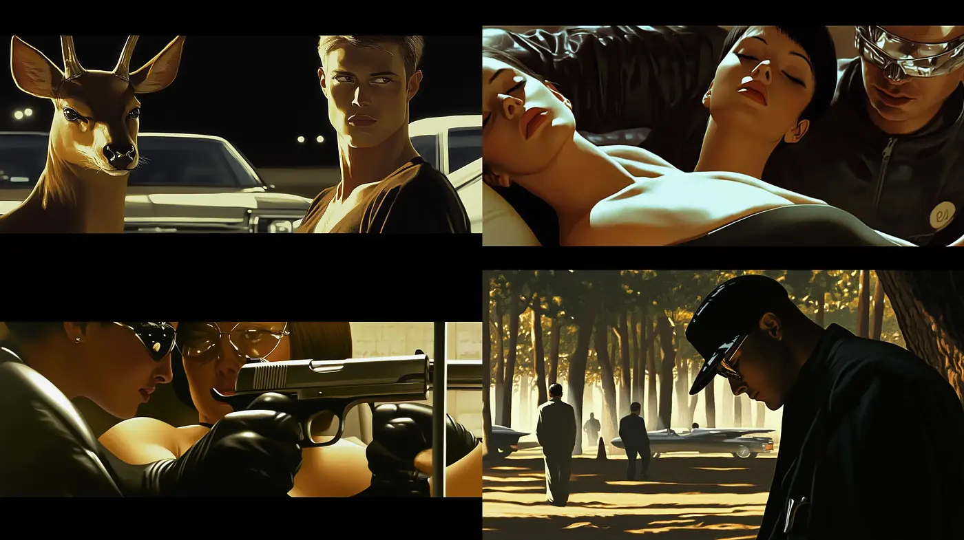 Noir-Inspired Cinematic Stills with Iridescent Overtones - Midjourney sref style
