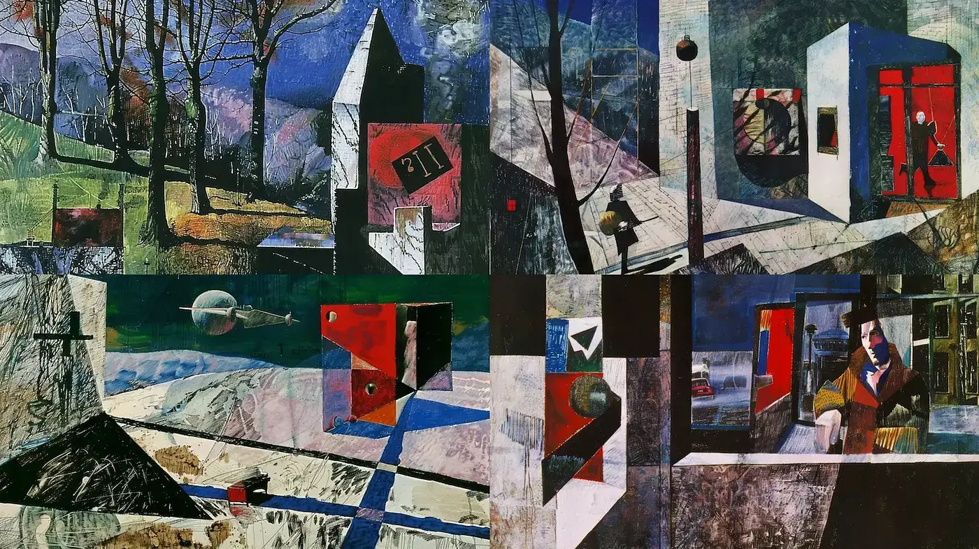 Surrealistic and Geometric Imagery with Bold Contrasts and Textures - Midjourney sref style