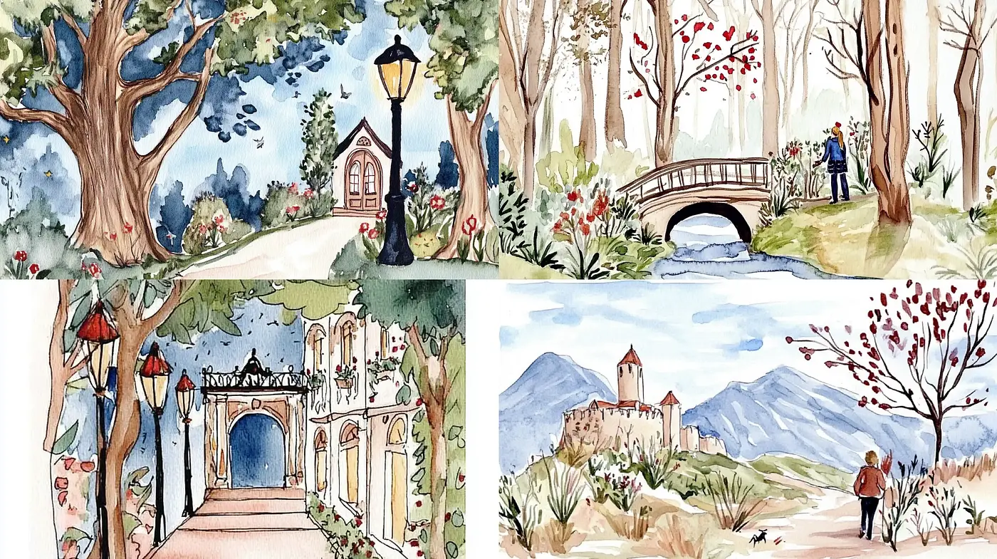Whimsical Watercolor Landscapes: Quaint and Serene - Midjourney sref style