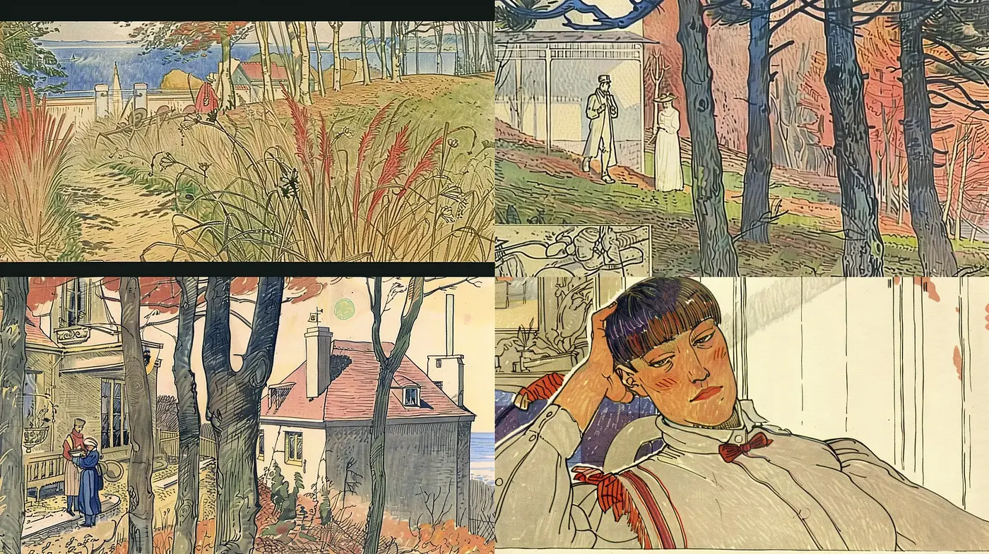 Post-Impressionist Reverie: A Textured Ensemble of Vivid Storybook Vignettes - Midjourney sref style