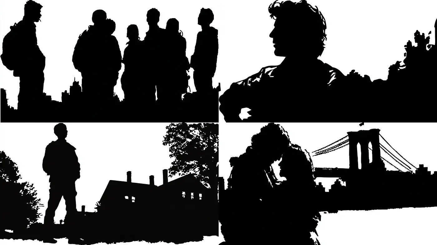 Monochromatic Silhouette-based Composition with Urban Themes - Midjourney sref style