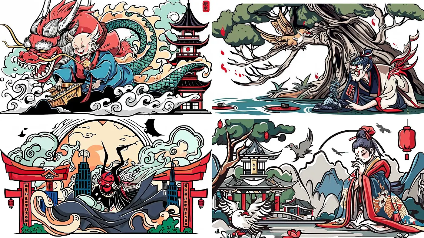 Consistent Elements of Stylized Mythological Illustrations - Midjourney sref style