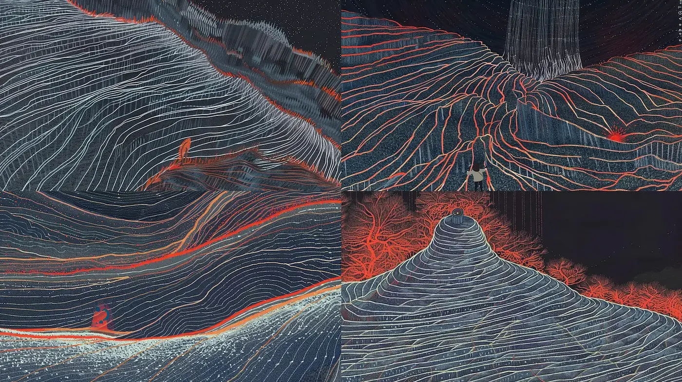 Fluid Linework and Ethereal Landscapes with a Dreamlike Quality - Midjourney sref style
