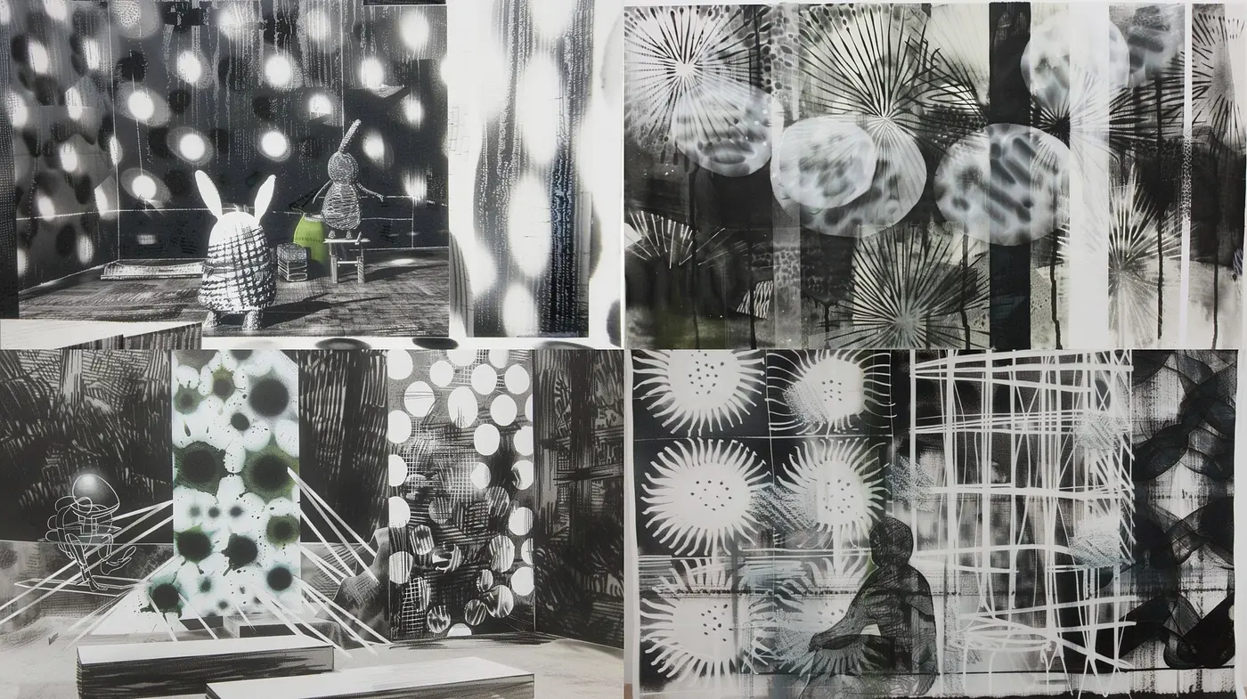 Monochromatic Dreamscape: An Exploration in Overlapping Textures and Pattern Cohesion - Midjourney sref style
