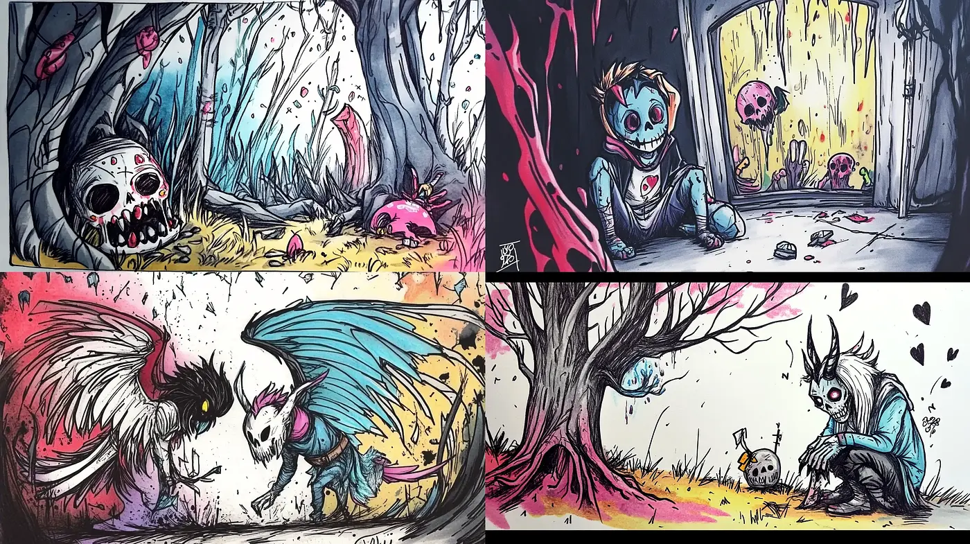 Whimsically Dark Fairytale Illustrations - Midjourney sref style