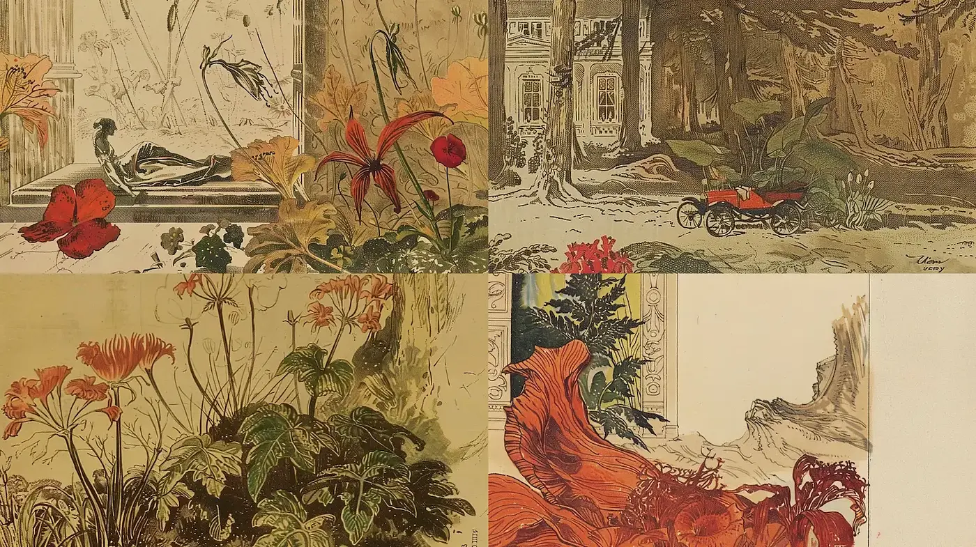 Harmonious blend of nature and vintage allure in artistic representation - Midjourney sref style
