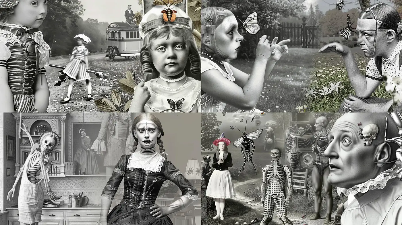 Ethereal Monochrome Dreamscape: A Surreal Intersection of Victorian Imagery and Gothic Eccentricity - Midjourney sref style