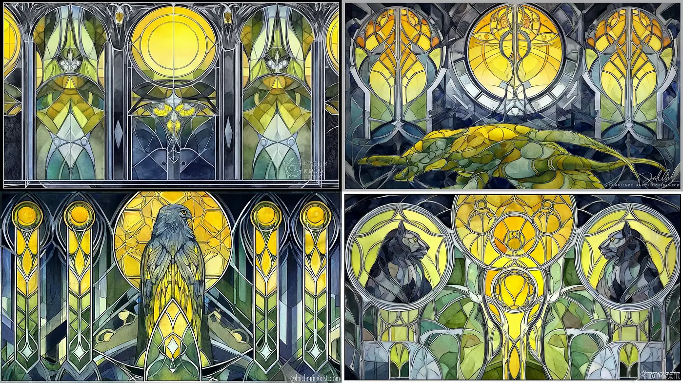 Art Nouveau Stained Glass with Nature Motifs and Symmetrical Patterns - Midjourney sref style