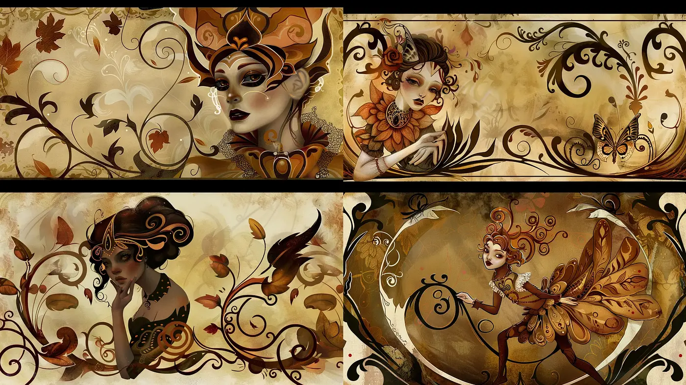Autumnal Baroque Elegance with Art Nouveau Flourishes - Midjourney sref style