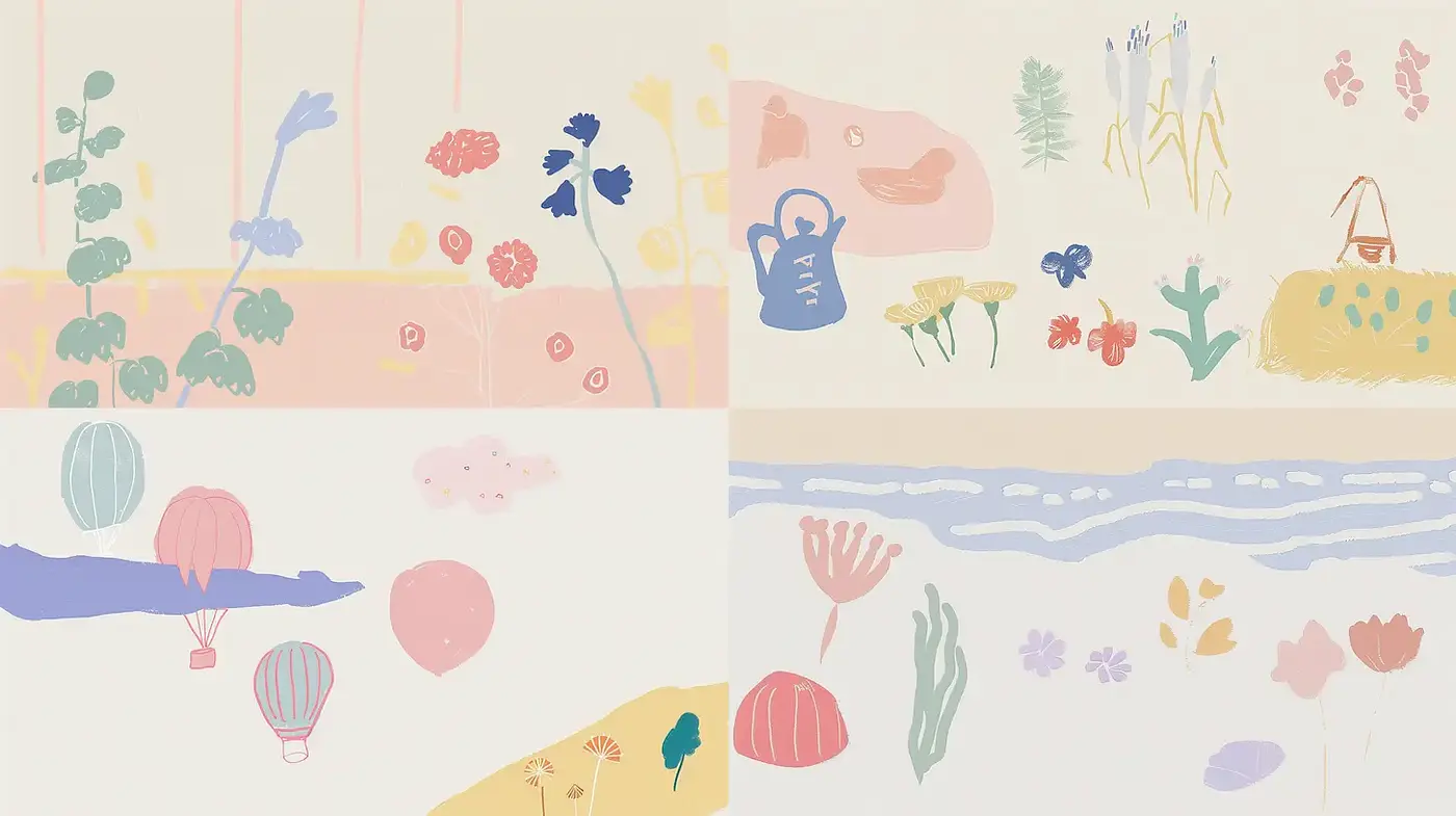 Playful and whimsical botanical illustrations with soft colors - Midjourney sref style