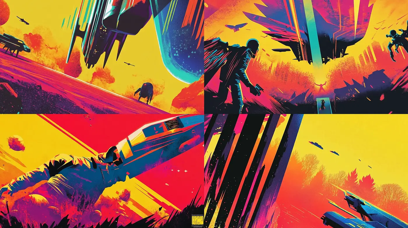 Futuristic Sunset Silhouettes with Vibrant Contrasts - Midjourney sref style