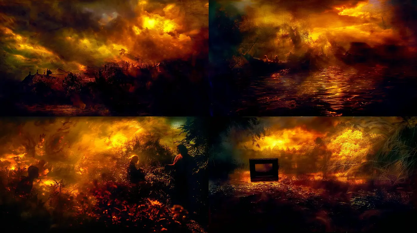 Fiery Twilight Dreamscape: An Intense and Surreal Fusion of Warm Hues and Dramatic Imagery - Midjourney sref style