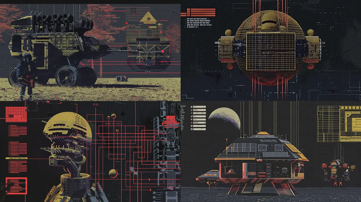 Retro-Futuristic Technical Schematics in Warm Tones - Midjourney sref style