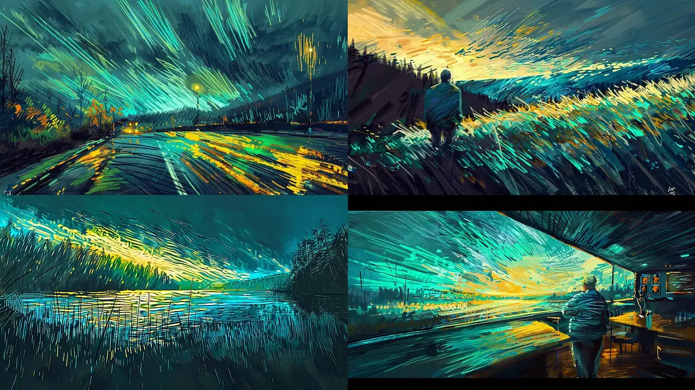 Dynamic expressive landscapes with energetic brushwork - Midjourney sref style