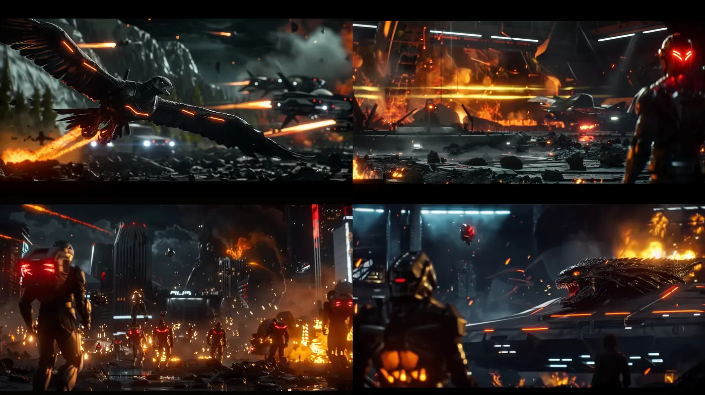 Futuristic Dystopian Blaze: A Lurid Symphony of Fire and Ash in Digital Artistry - Midjourney sref style