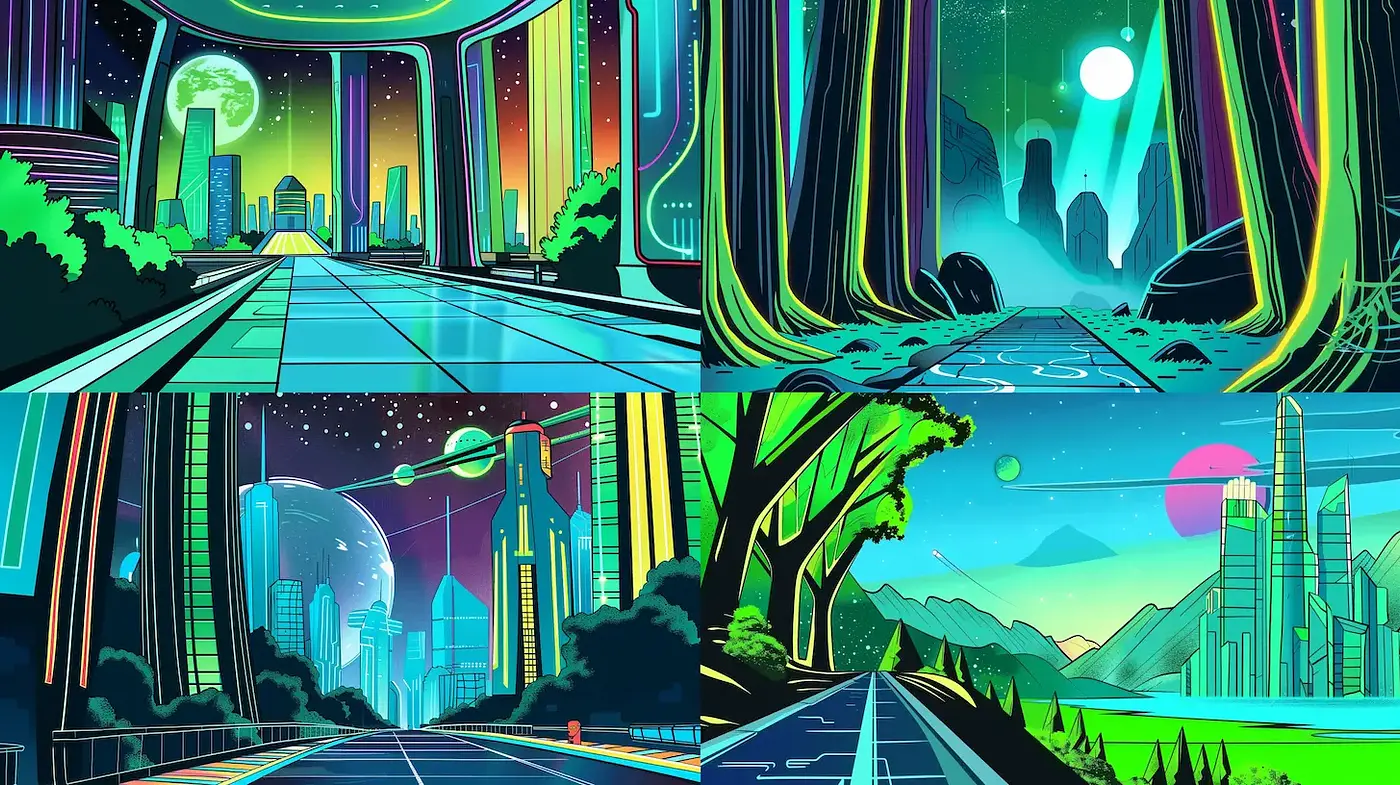 Futuristic Landscapes with Vibrant Neon Aesthetics - Midjourney sref style