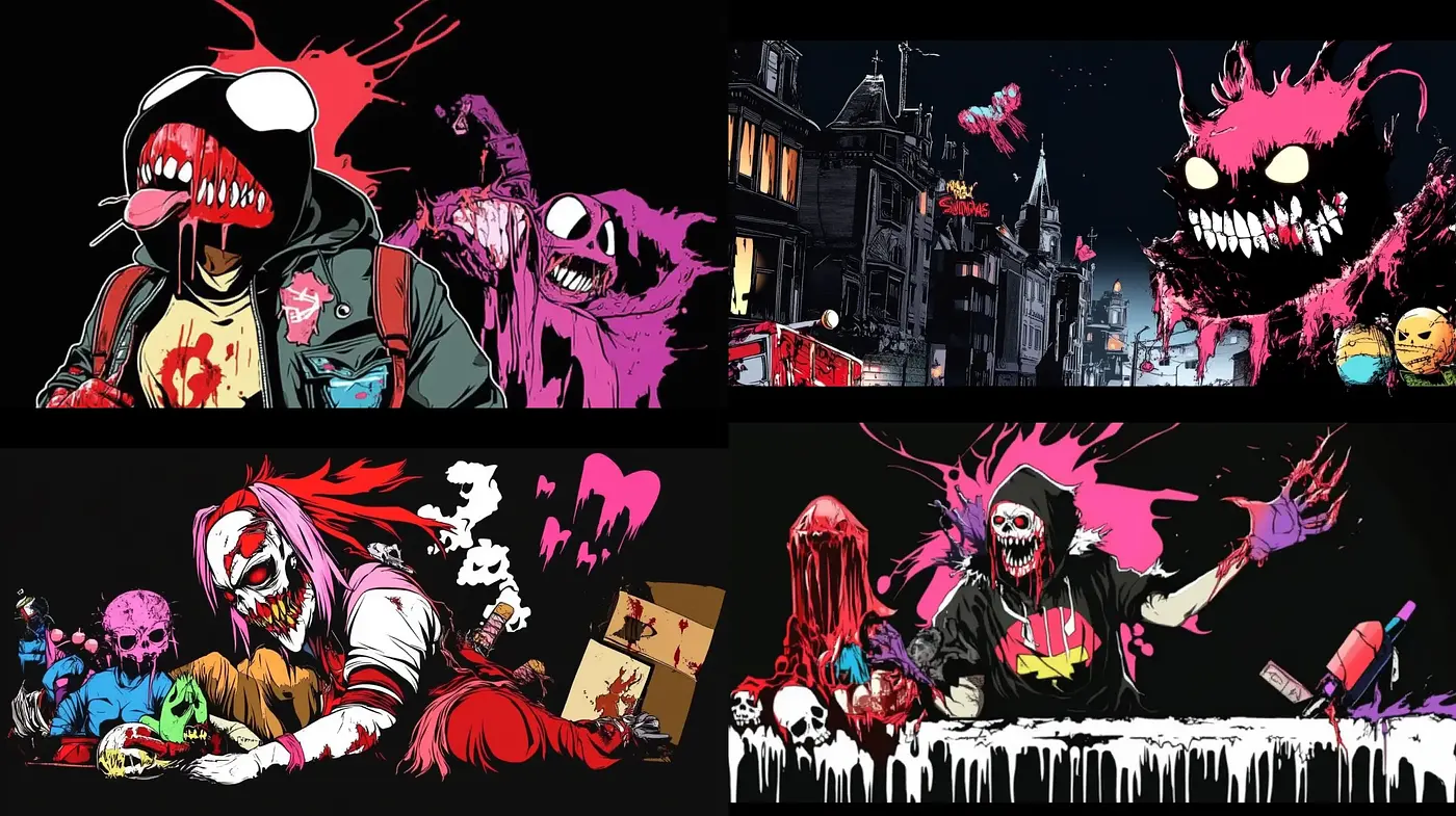 Gritty Macabre: A Synthesis of Comic Book Horror and Street Art - Midjourney sref style
