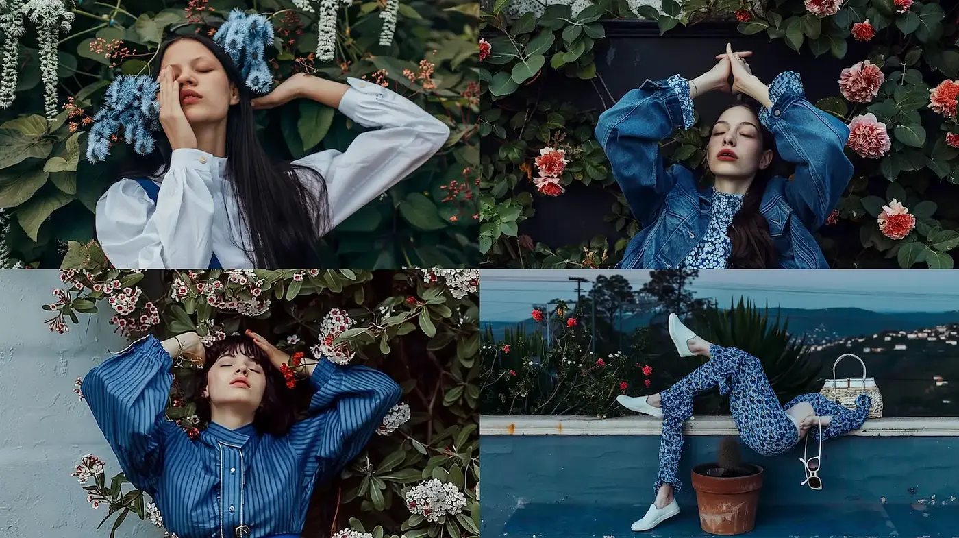 Whimsical Floral Fashion Photography with a Retro Flair - Midjourney sref style