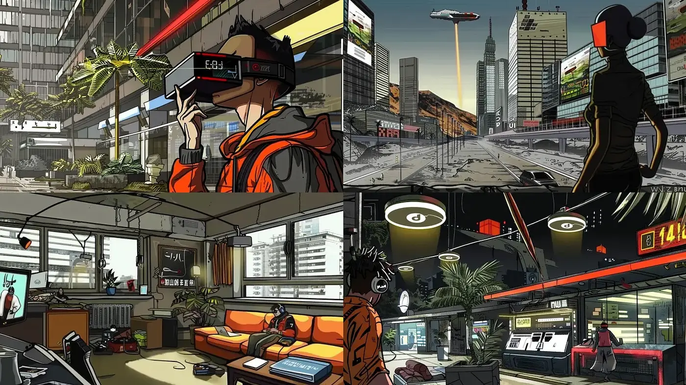 Futuristic Urban Landscapes with a Blend of Digital and Retro Elements - Midjourney sref style