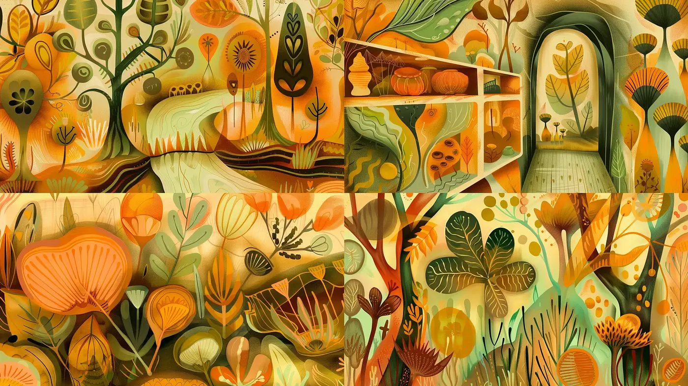 Warm Botanical Harmony: A Fusion of Organic Shapes and Earthy Tones - Midjourney sref style