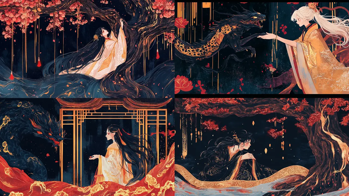 Ethereal Midnight Blossom: A Dreamlike Fusion of Eastern Mythos and Nature - Midjourney sref style