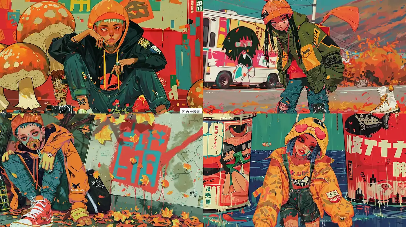 Vibrant urban street culture with a touch of nostalgia and fantasy - Midjourney sref style