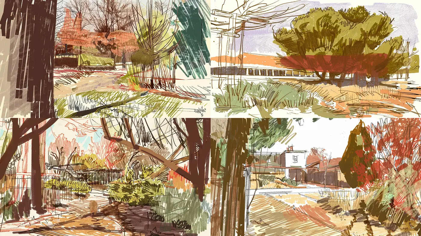 Sketchbook Impressions: A Vivid Huescape of Brushlike Expressionism - Midjourney sref style