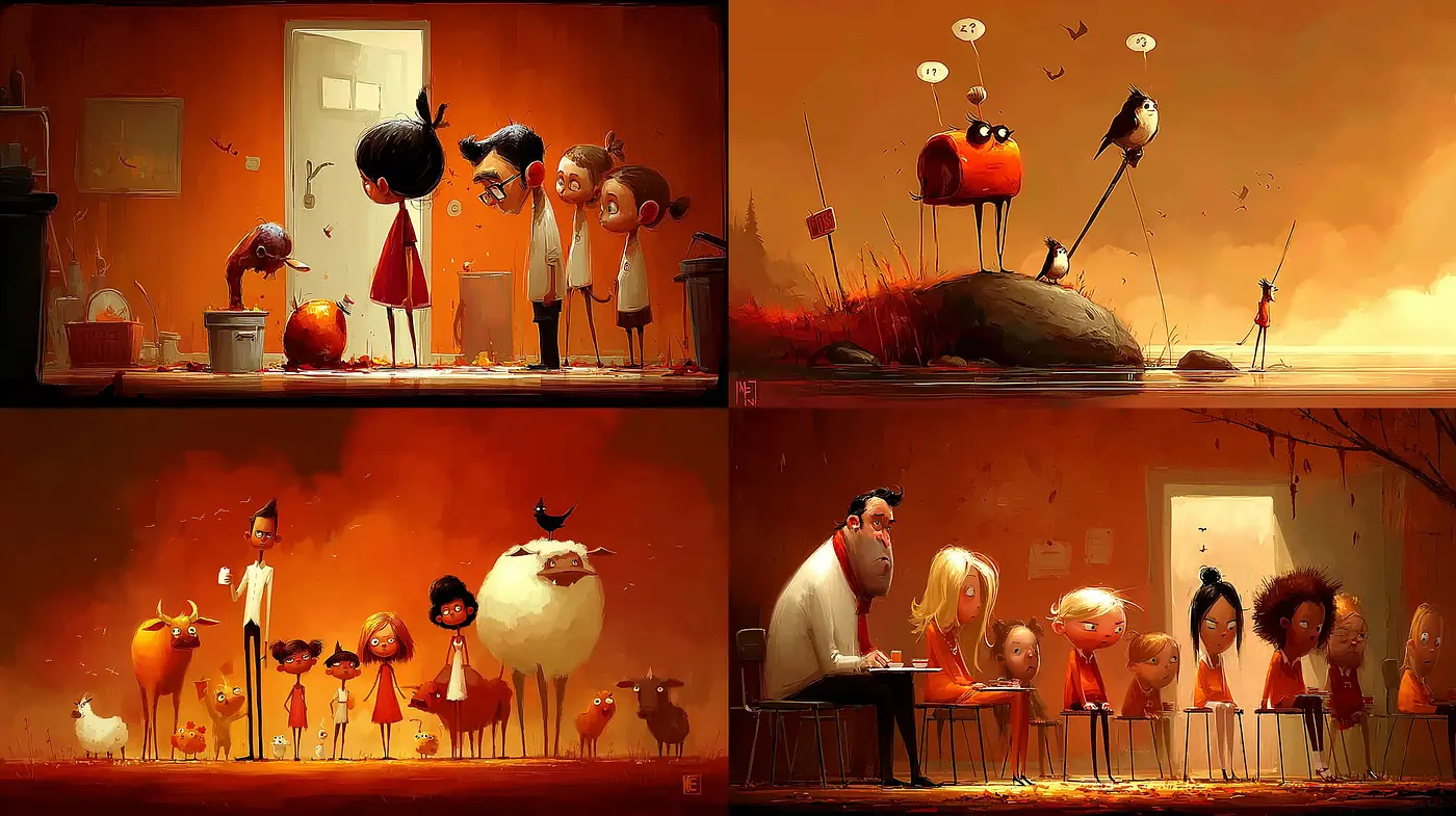 Whimsical and Playful Animated Illustrations with a Warm Palette - Midjourney sref style