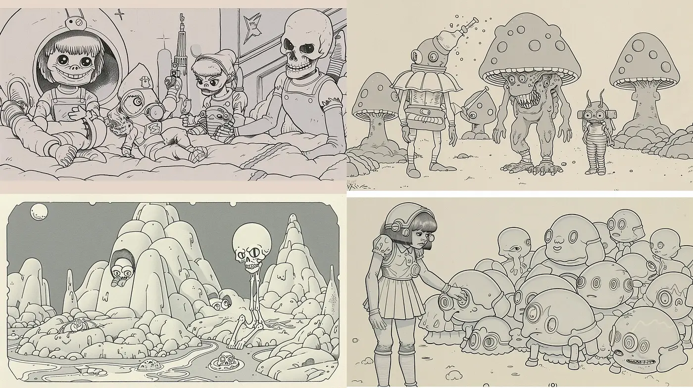 Monochromatic Whimsy: A Fusion of Retro Futurism and Cartoon Surrealism - Midjourney sref style