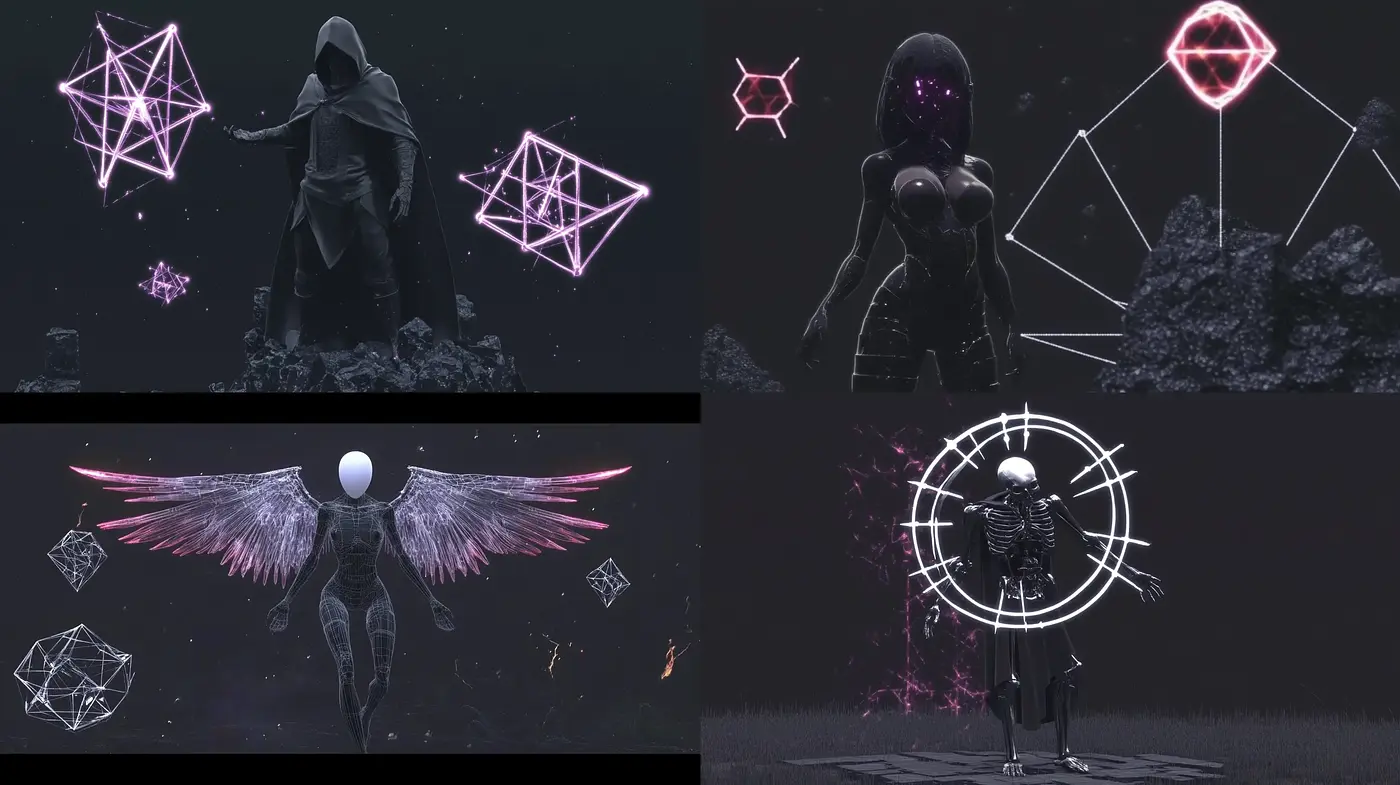Synthetic Elegy: Neon Geometries and Cybernetic Enigmas in a Monochromatic Dreamscape - Midjourney sref style