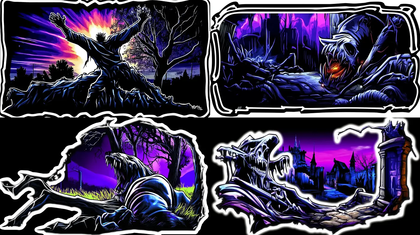 Eerie Nocturnal Landscapes with Vibrant Neon Contours and Gothic Undertones - Midjourney sref style