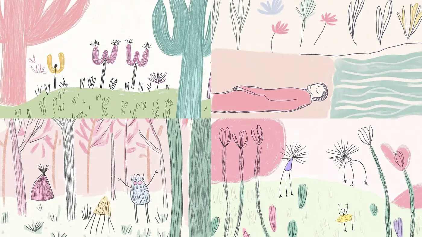 Whimsical Pastel Dreamscape with Childlike Illustrative Grace - Midjourney sref style