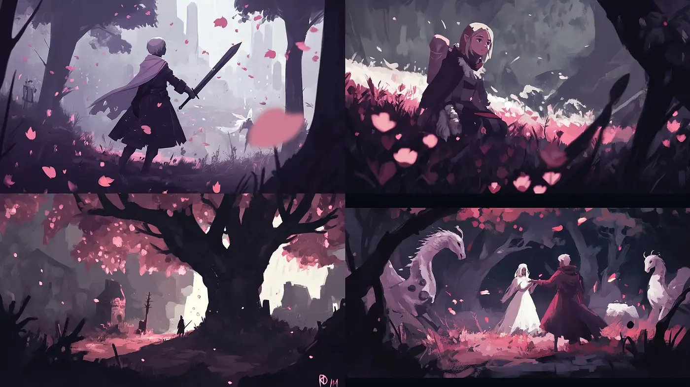 Ethereal Twilight Saga: A Stylized Fantasy in Brushwork - Midjourney sref style