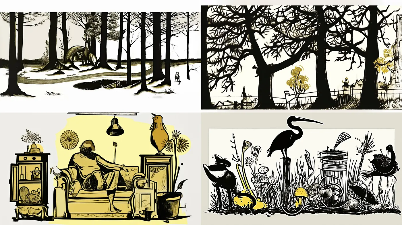 Monochromatic Silhouettes Amidst Pops of Canary Yellow: A Study in Contrast and Vintage Textures - Midjourney sref style